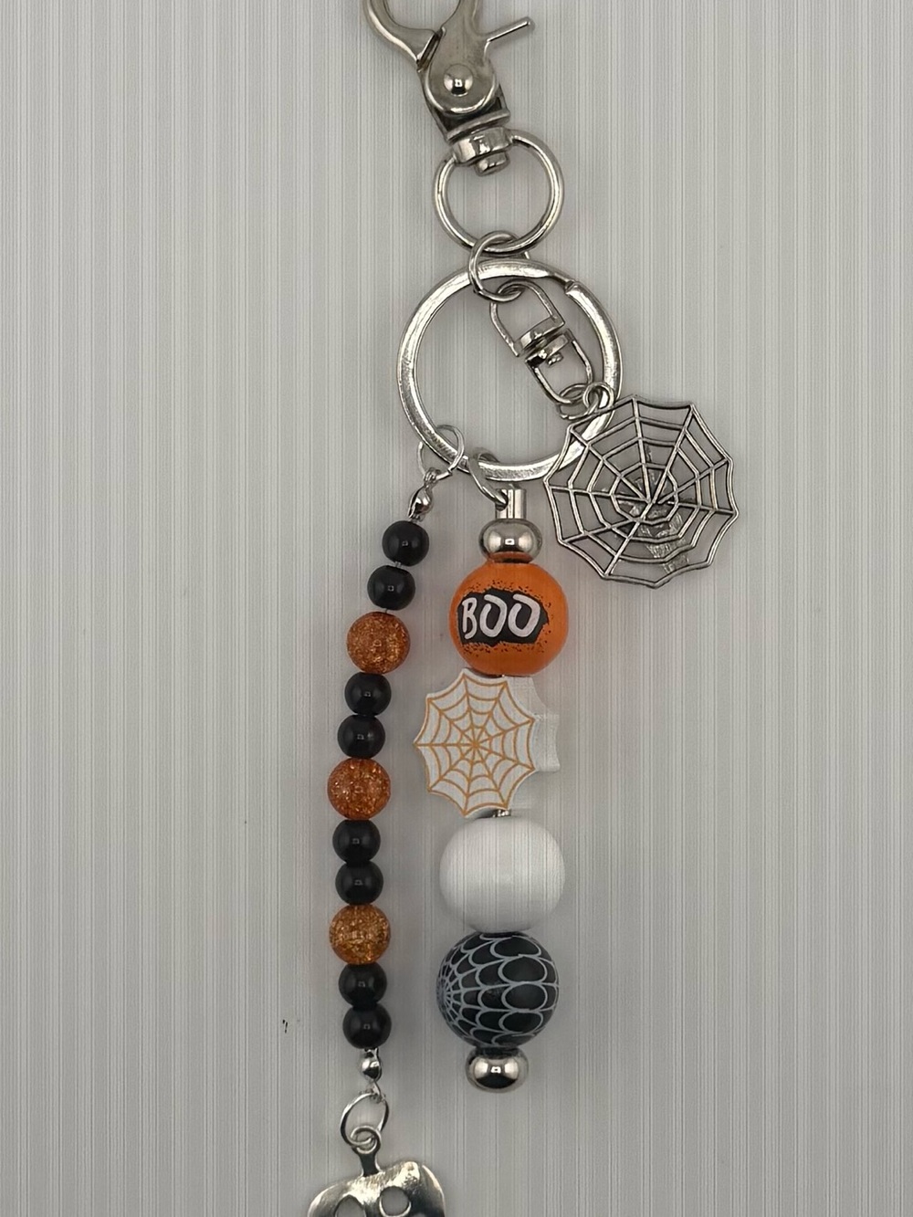 Halloween 'Boo' Spider Web Beaded Keychain - Orange, Black & White